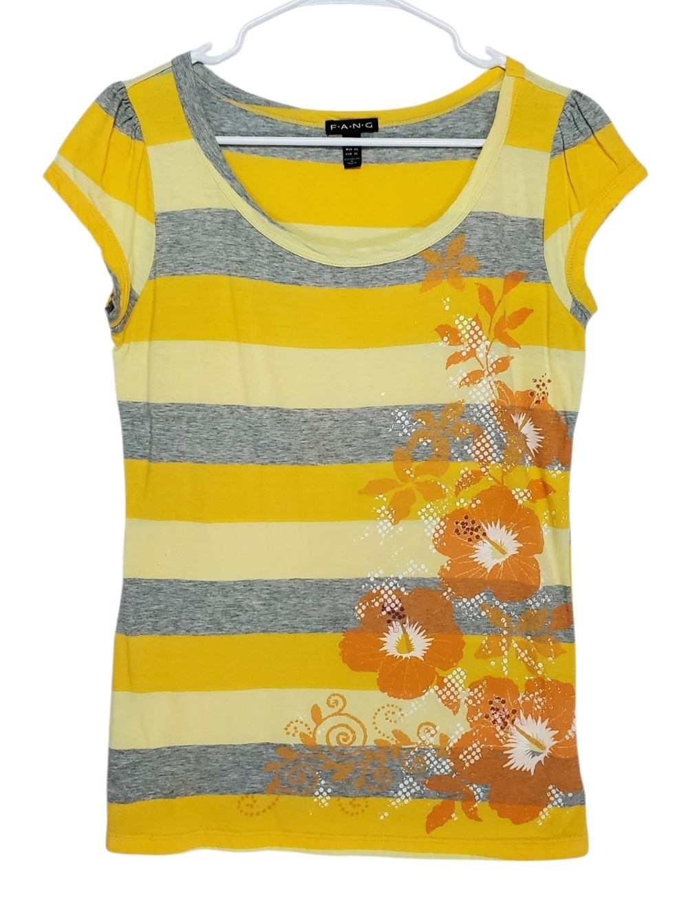 2582 * FANG Striped Floral Short Sleeve Top Yellow Gray Size XL